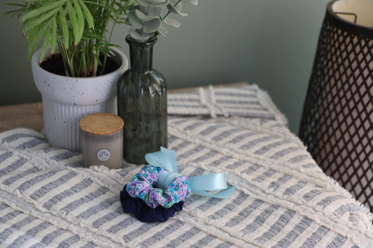Teeny Pair Wildflower Fields Floral & Navy Seaside Scrunchies
